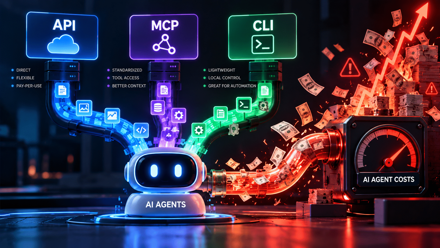 Three tiles compare api vs mcp vs cli as interfaces a product can expose to AI agents.