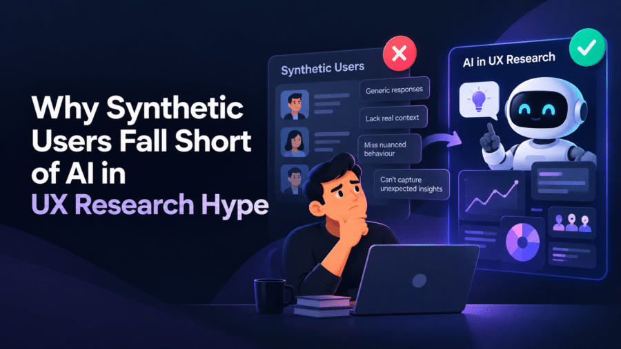 Illustration comparing real users with synthetic users to show where ai in ux research helps and falls short.